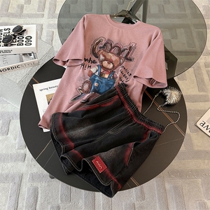 美式潮牌休闲时尚套装女夏季新款圆领短袖小熊上衣宽松短裤两件套图片