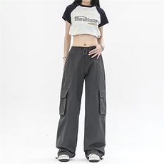 夏季hiphop休闲工装裤女抽绳港风设计感直筒粉色阔腿裤TK274-P45，男装休闲裤，星座1008