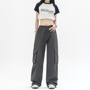 夏季hiphop休闲工装裤女抽绳港风设计感直筒粉色阔腿裤TK274-P45图片