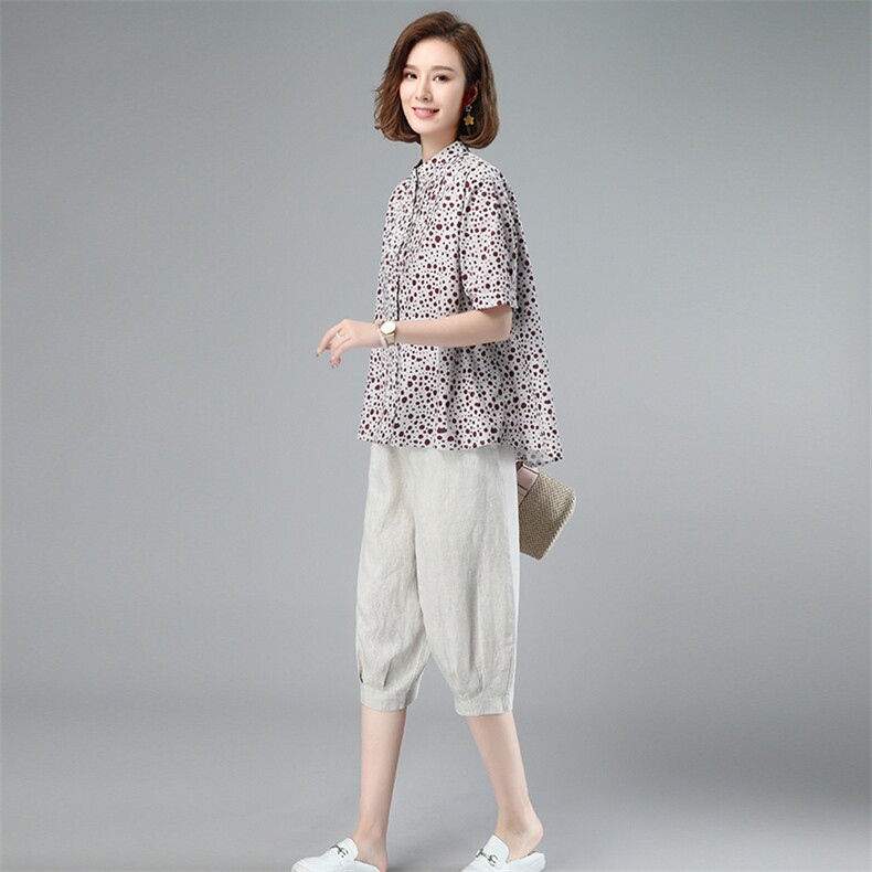 2022夏季新款时尚小碎花上衣+亚麻七分裤两件套,女装套装/套裙,独衣靓