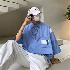 【2025春夏】拼接CITYBOY风中性休闲夏季宽松五分袖男短袖衬衫,男装T恤,星座112A