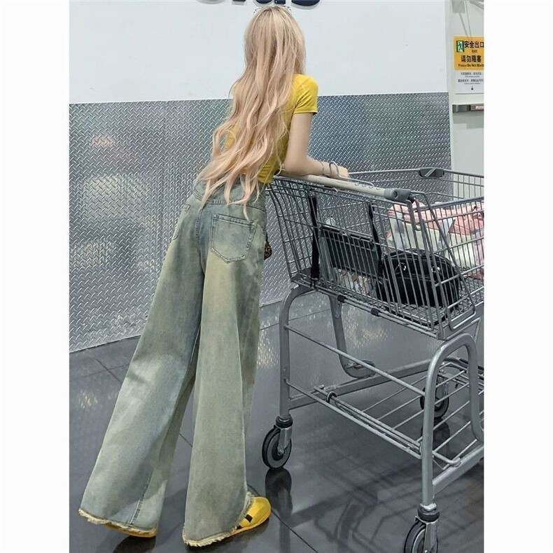 加绒加厚黄泥做旧牛仔裤女2026秋季新款宽松高腰显瘦毛边阔腿裤子,男装牛仔裤,星座506A