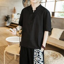 风夏季棉麻短袖T恤男民族风复古盘扣上衣钱塘6005-T，男装T恤，星座1112-5（原712-5）