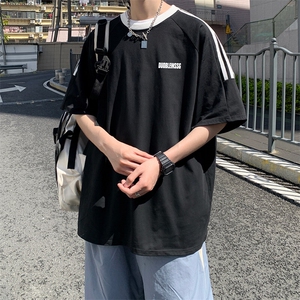 夏季美式高街重磅纯棉三条杠织带撞色男女短袖T恤ZD621-特P30图片