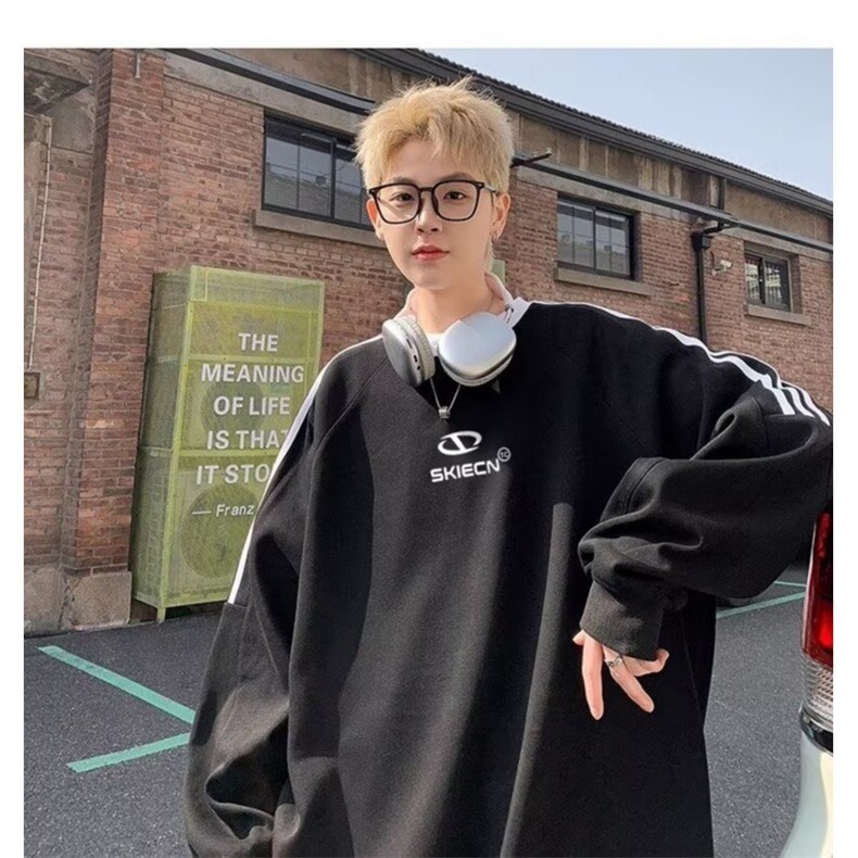 C22-P38条纹圆领卫衣男秋季新款美式复古oversize学院风宽松,男装卫衣,电商B323A