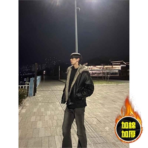 现货冬季美式潮牌痞帅PU皮机车服棉衣毛毛绒狼王座山雕皮棉服图片