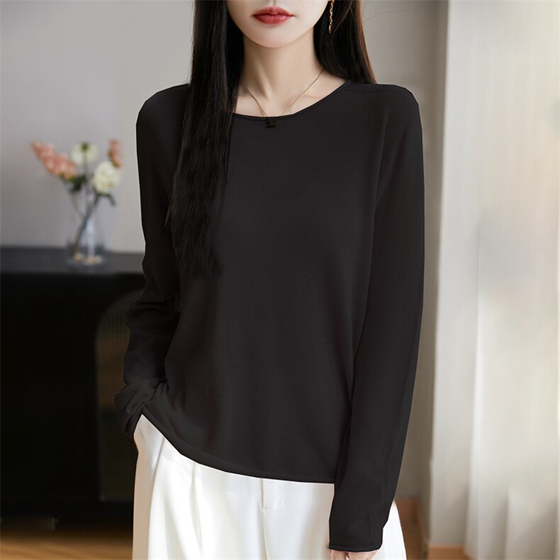 简约卷边圆领薄款宽松打底衫女2025春季精纺长袖针织小衫百搭上衣,针织衫/毛衣,暖烁特种纱工厂店
