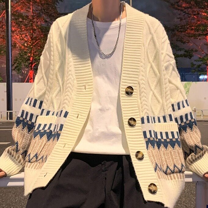 新款拼接菱格V领开衫毛衣男宽松痞帅潮牌针织衫外套MYA525P54，男装针织衫/毛衣，星座1013-5