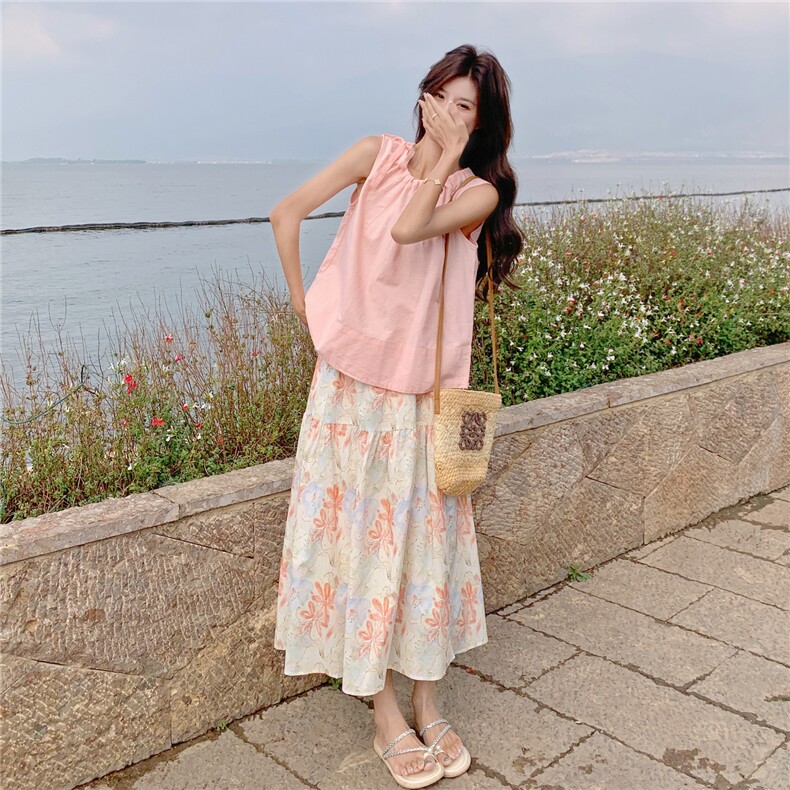 蝴蝶结系带背心上衣清新印花半身裙套装女2025年夏季氛围感两件套,女装套装/套裙,2C201