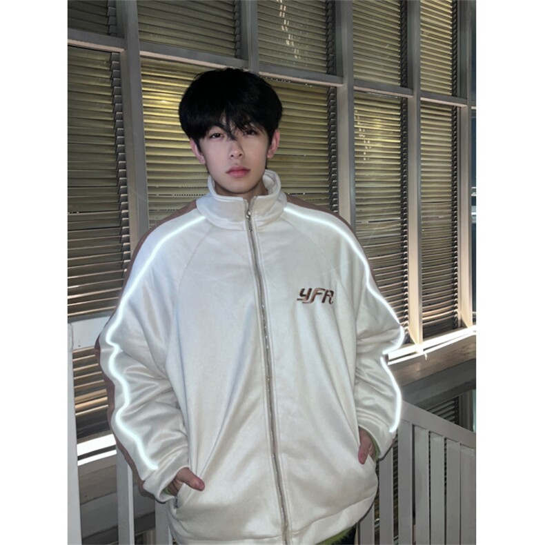A457-P108 棒球棉服撞色拼接麂皮绒外套夹克棉衣刺绣反光条设计图片