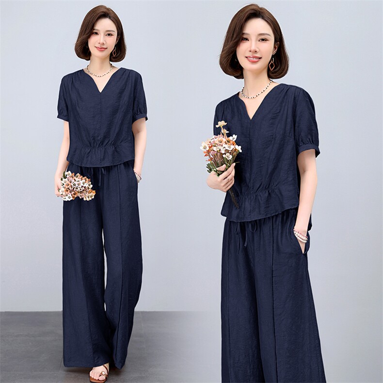 天丝亚麻套装女夏季薄款2025新款妈妈阔腿长裤气质休闲时尚两件套，女装套装/套裙，曼沙奕珂