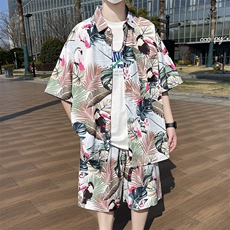 夏日大码套装宽松花衬衫男短袖痞帅休闲上衣两件套衣25裤20/TP45，男装衬衫，电商A012