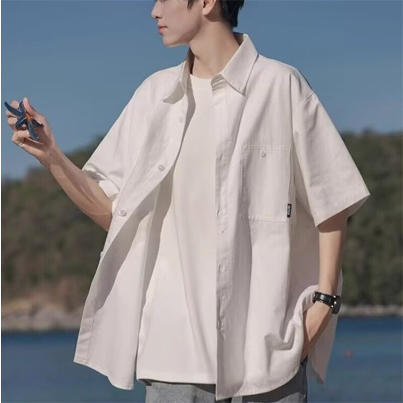 拼接设计清爽简约休闲日系风尖领男士短袖衬衫夏季宽松百搭寸衫潮图片