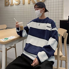 条纹撞色毛衣男秋冬季新款日系复古慵懒宽松休闲针织衫M-P45，男装针织衫/毛衣，星座512-4