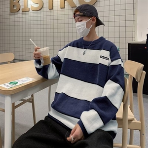 条纹撞色毛衣男秋冬季新款日系复古慵懒宽松休闲针织衫 M-P45图片