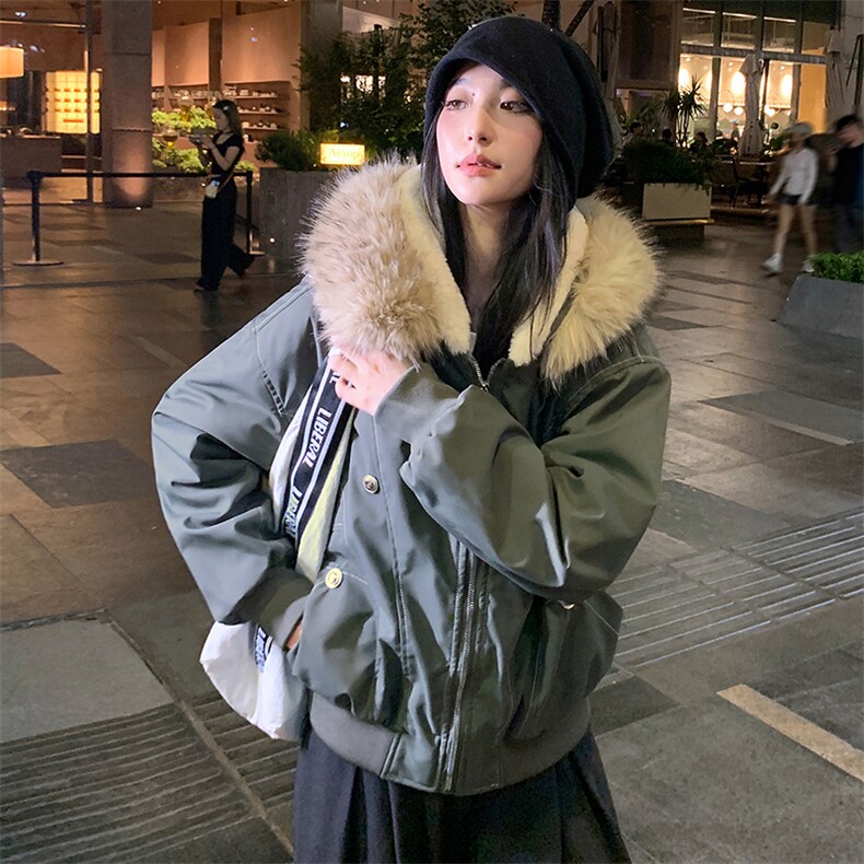 现货重磅boxy短款棉衣座山雕大毛毛领男女棉服水洗工装厚外套,男装棉衣,电商A486