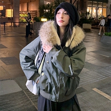 现货重磅boxy短款棉衣座山雕大毛毛领男女棉服水洗工装厚外套，男装棉衣，电商A486