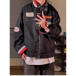 复古撞色拼接立领牛仔夹克高街嘻哈牛仔衣外套男帅气衣服 JK22图片