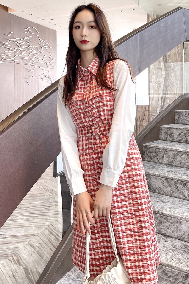 2021春装新款时尚个性假两件格子连衣裙,女装连衣裙,深水步