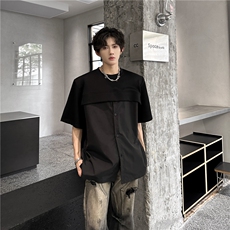 假两件衬衣拼圆领T夏季短袖重磅垫肩小众设计感美式T恤940P48，男装T恤，电商A458A