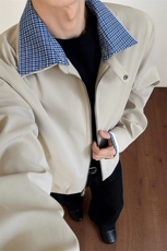 春季新款翻领可拆夹克格子拼接休闲短外套男C61313-TP70128，男装夹克，电商A102