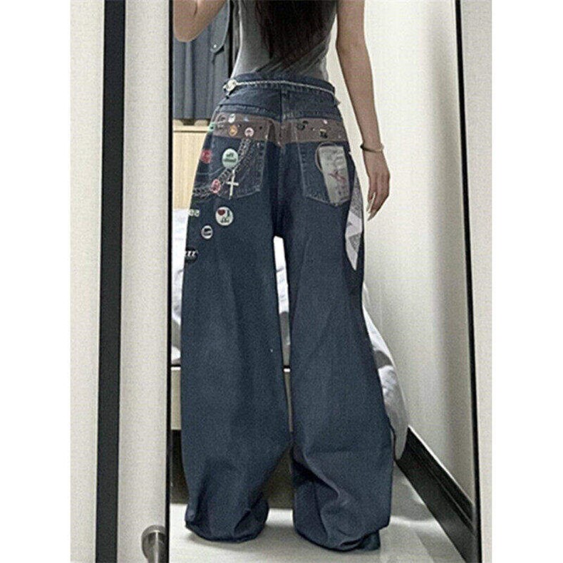 设计感趣味印花腰带阔腿牛仔裤女美式宽松直筒拖地裤LN12322-p68,男装牛仔裤,星座1008