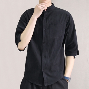 夏季立领洗水皱透气吸汗男七分袖宽松大码潮男装衬衣C1020-P24图片