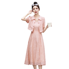 新中式国风印花连衣裙套装女2024夏新款改良旗袍气质吊带裙两件套，女装套装/套裙，采品优优