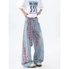 AK1813-P60美式复古蝴蝶结绑带高腰宽松格子拼接牛仔裤，男装牛仔裤，星座617A-2