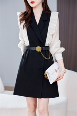 2025春季韩版西装领拼接荷叶边领假两件双排扣长袖连衣裙，女装连衣裙，施恩睿棋