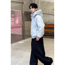座山雕大毛领连帽棉服男女冬季美式拼接毛呢外套情侣保暖棉衣，男装棉衣，四季星座505