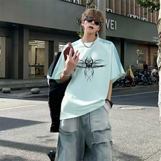 抖音得物品质二开240克宽松纯棉美式潮牌印花三条杠中性风短袖T恤，男装T恤，电商A486-1