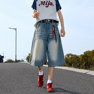 夏季薄款复古水洗牛仔短裤新款潮流宽松休闲阔腿七分裤图片