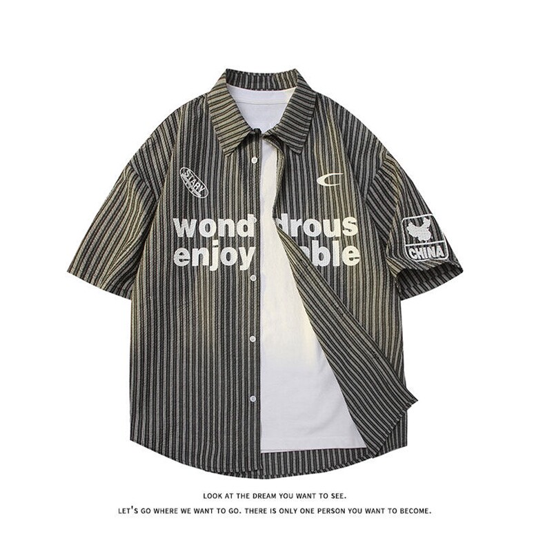 夏季新款短袖衬条纹衫拼色设计感休闲个性衬衣DC2236-特价P40,男装衬衫,电商A007