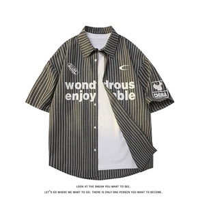夏季新款短袖衬条纹衫拼色设计感休闲个性衬衣DC2236-特价P40图片