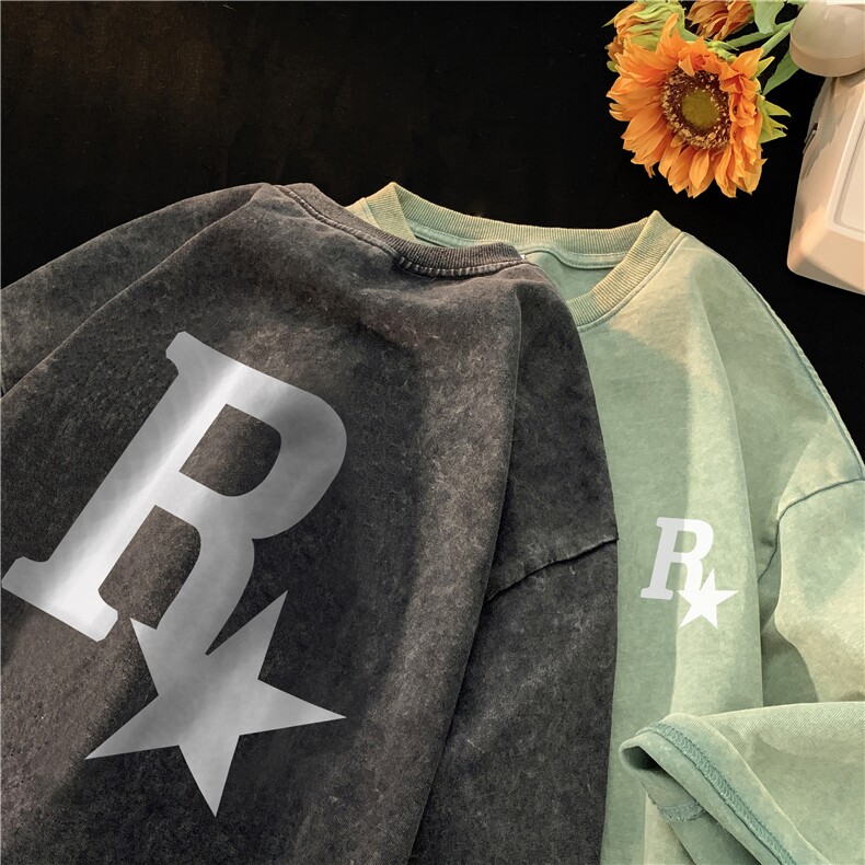 春夏新款R星印花全棉水洗T恤，男装T恤，星座604