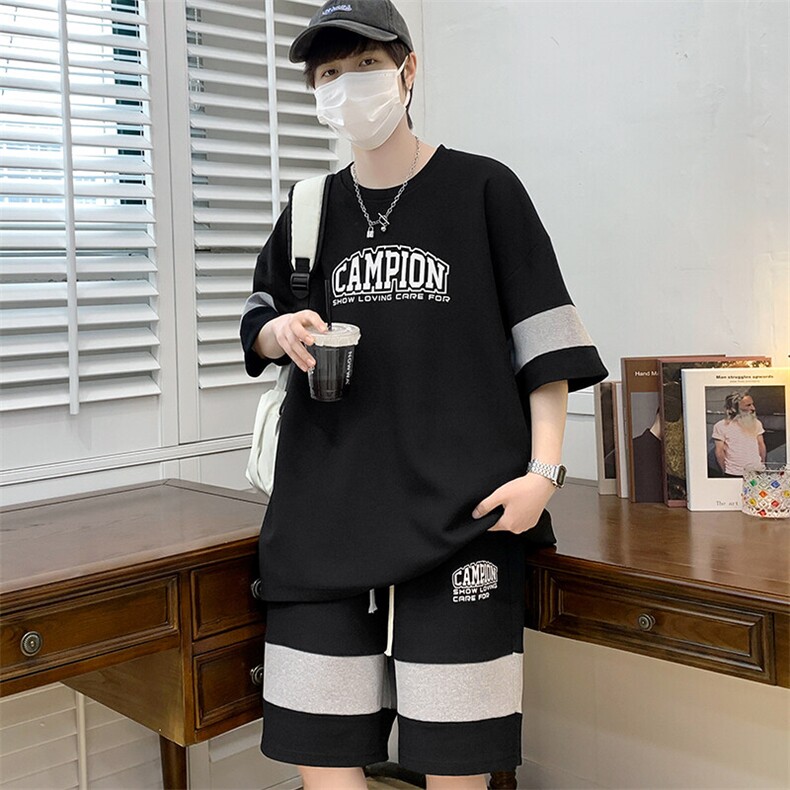 2025夏季新款运动服短袖T恤运动套装潮男痞帅一套搭配宽松短裤p45,男装T恤,星座1113