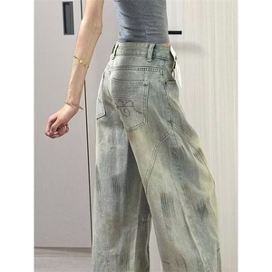 脏染水洗做旧直筒牛仔裤男女微喇vibe风阔腿长裤拖地 N6653图片