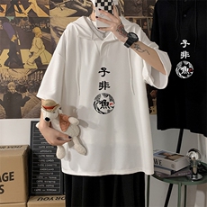LD54070-P45连帽短袖t恤男大码胖子带帽五分袖中袖海报风，男装T恤，电商A040
