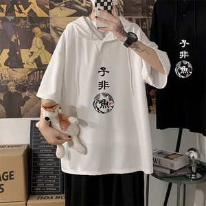 LD54070-P45 连帽短袖t恤男大码胖子带帽五分袖中袖 海报风图片