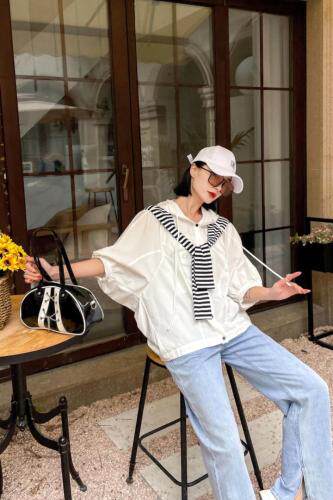 【现货】SXX-NNX6091初夏连帽条纹披肩休闲小衫，女装，出色依屋