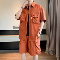 夏季短袖衬衫套装男女美式复古工装潮牌帅气两件套无性别穿搭衬衣，男装休闲套装，电商A409-1