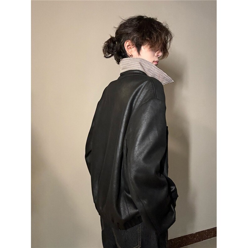 网红~霜降裂纹PU皮千鸟格内里Cleanfit夹克外套W1397/特P85,男装夹克,电商B350