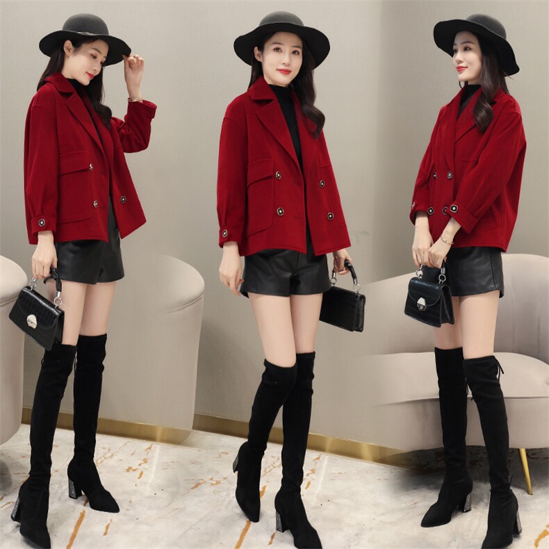 2022年冬季季新款休闲韩版宽松短款翻领毛呢纯色外套大衣，女装毛呢外套，霓裳依族