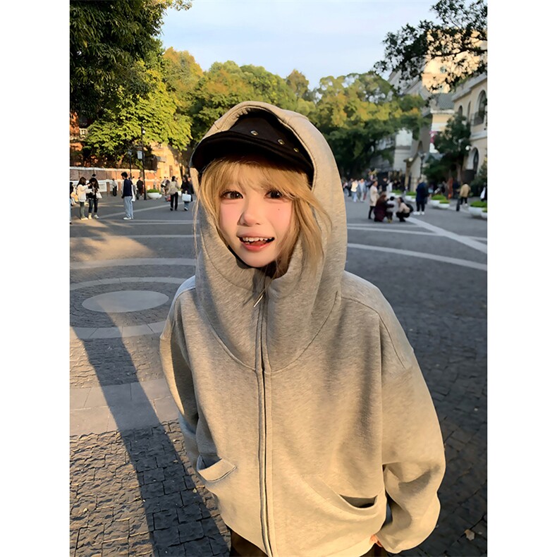 抖音得物高品质26春装美式高街重磅宽松结构高领连帽卫衣外套W60,女装短外套,电商A486