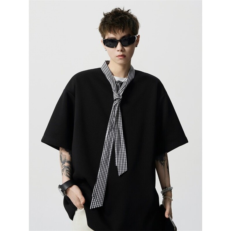 假两件拼接飘带小众韩系学院风短袖T恤上衣男polo衫812-PL18-P45,男装Polo衫,星座812