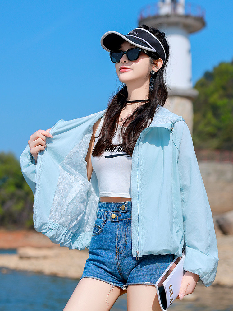 新面料内里蕾丝防晒衣女短款2025夏季新款宽松透气防晒服连帽上衣,女装防晒衣,可可小西