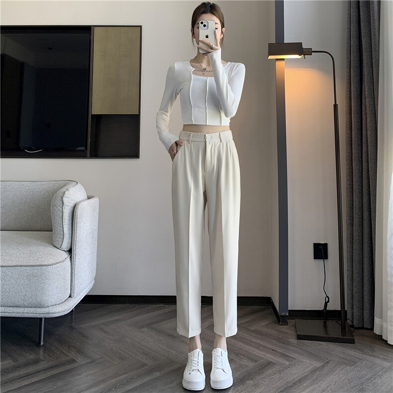 2024秋季新款垂感小西裤显瘦八分九分小个子高腰宽松女裤烟管裤,女装休闲裤,梦白服饰厂