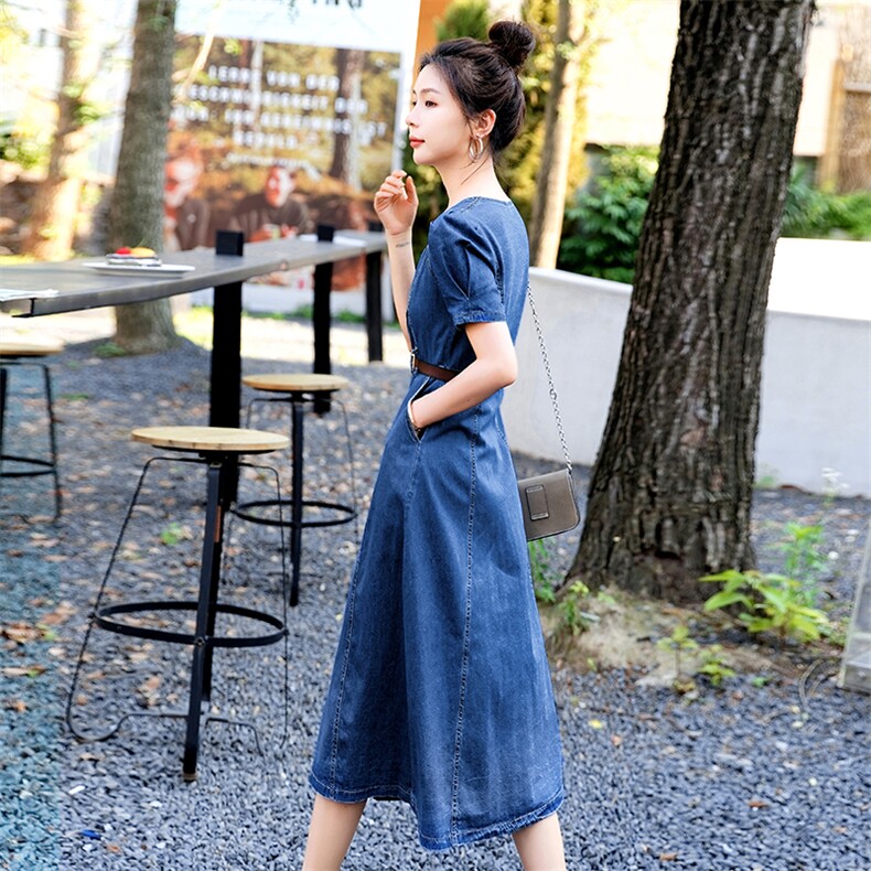 欧洲站方领牛仔连衣裙女2026年夏季修身显瘦高端气质复古A字长裙,女装连衣裙,印象茜
