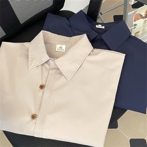 港风复古纯色工装短袖衬衫男女情侣休闲宽松半袖衬衣外套~C110